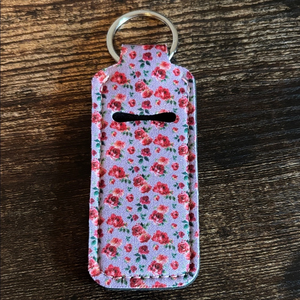 Floral‎ Neoprene Chapstick Holder Keychain Rose Print Lip Balm Sleeve Purple Red